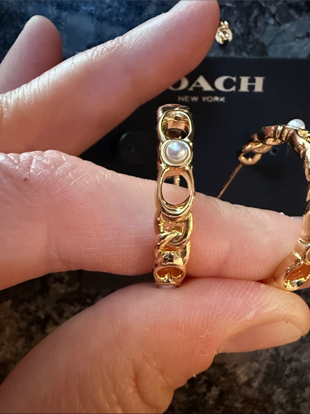 Coach Style Gold Braided Hoop with Pearl Style accent and “C” s Earrings - Picture 10 of 11